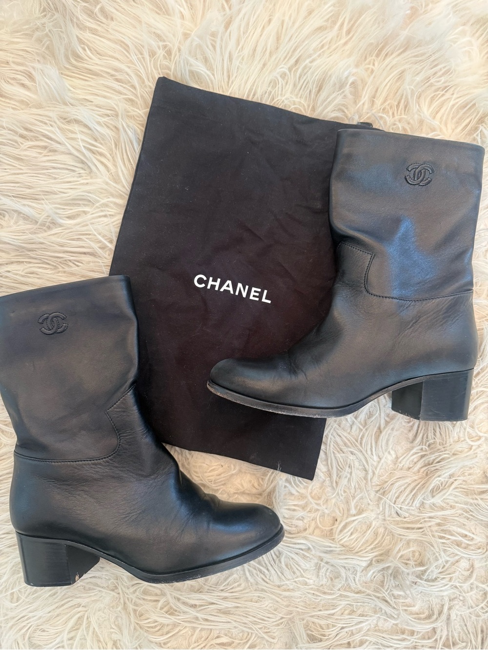 CHANEL Black Leather Mid-Calf Block Heel Boots